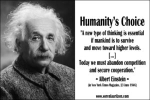 Foto: Portræt af Albert Einstein. Tekst: Citat af Einstein: En ny type tænkning er nødvendig hvis vi skal overleve.