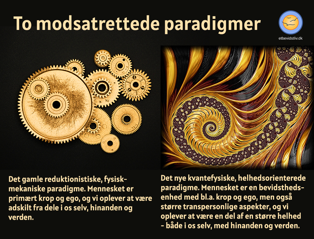 Det gamle fysisk-mekaniske paradigme illustreret via tandhjul vs. det nye kvantefysiske og helhedsorienterede paradigme illustreret via fraktaler. 