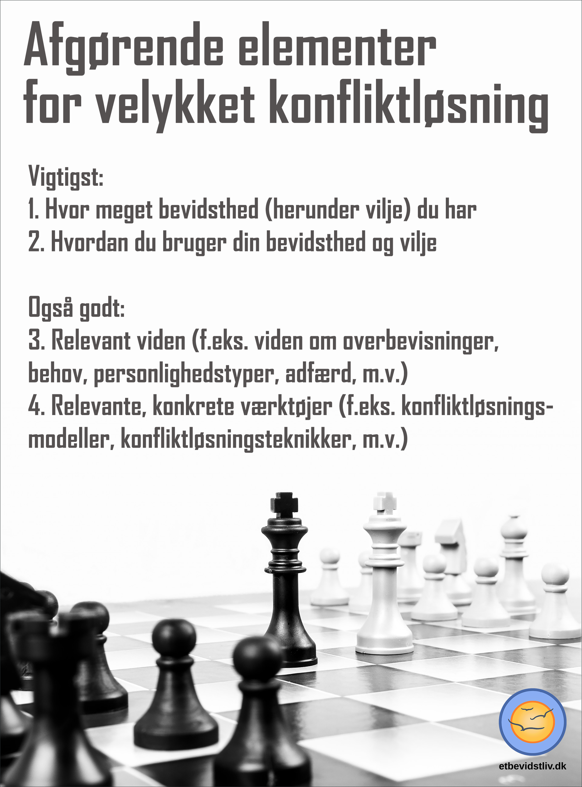 Nogle af de vigtigste elementer for vellykket konfliktløsning er brugen af bevidsthed og vilje. Billede af skakbrikker.