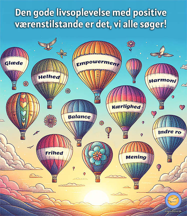 Det, vi alle søger, er den vedvarende gode livsoplevelse med positive værenstilstande. Billede af luftballoner i solnedgang. Delvist genereret med AI. 