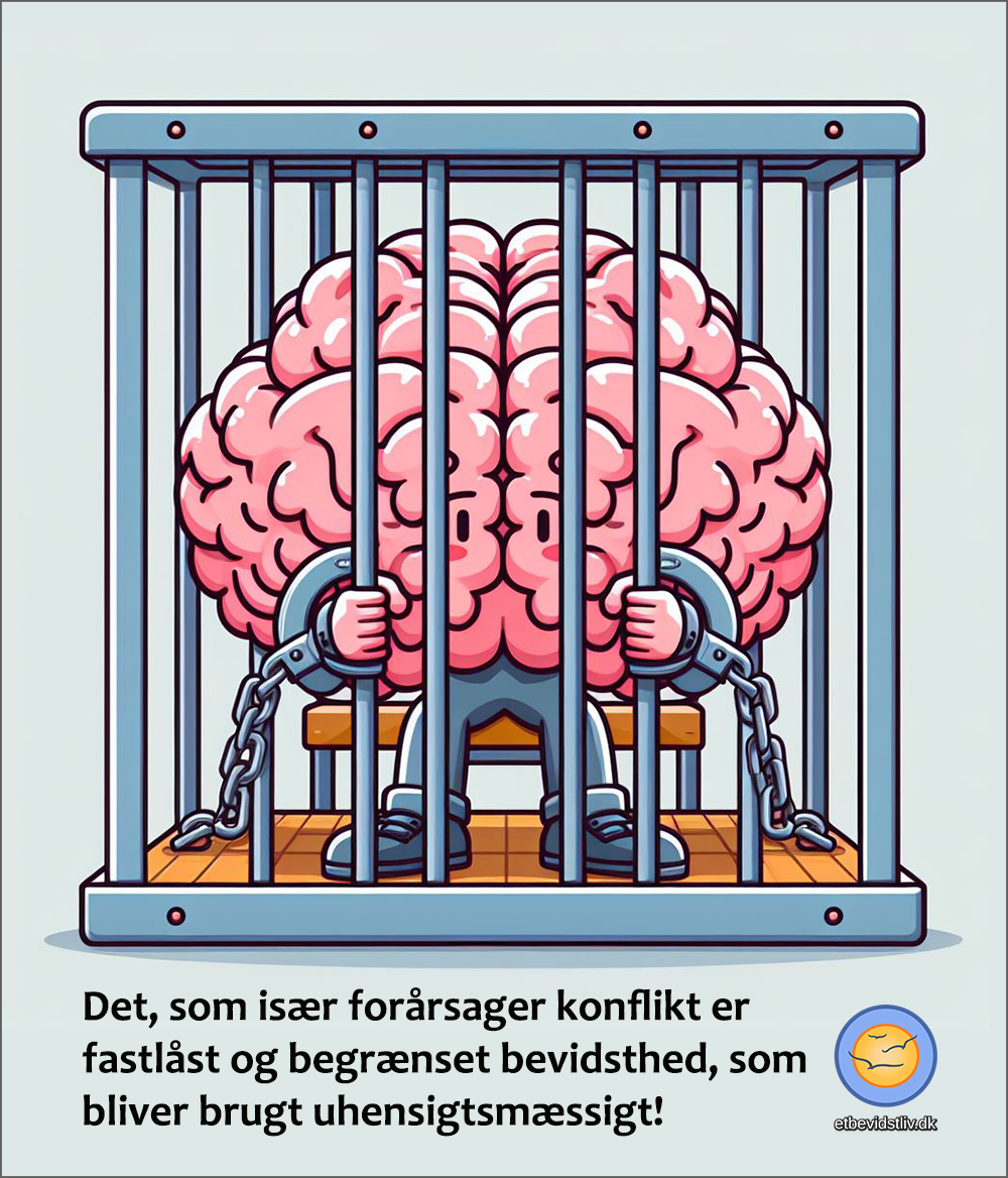 Fastlåst bevidsthed og relativitet skaber konflikt. Billede af stor hjerne lænket og i en fængselscelle. Delvist AI-genereret.