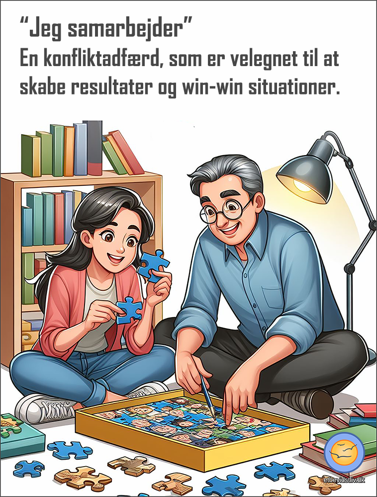 “Jeg samarbejder”. En konfliktadfærd, som er velegnet til at skabe resultater og win-win situationer. Tegning af far og datter, som lægger et puslespil sammen. Delvist AI-genereret.